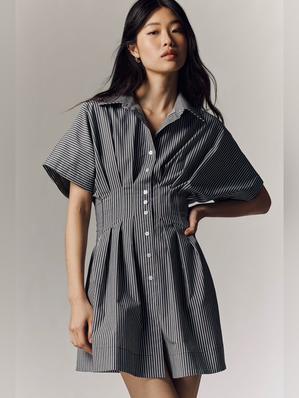 Exquise Anthropologie Tobie Mini Shirtdress in Charcoal Combo Stripes Sz M NWOT